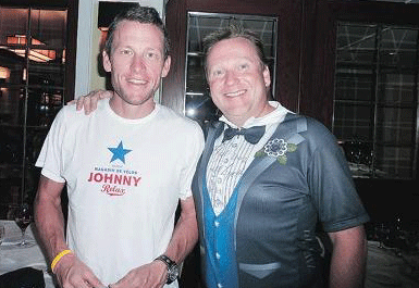 Sherwood Park's Doug Hansen, right, wore his cycling-tuxedo shirt to Canadian Breast Cancer's dinner at the Fairmont Jasper Park Lodge. He had it autographed by Lance Armstrong, broadcaster Phil Liggett and Alex Stieda.
